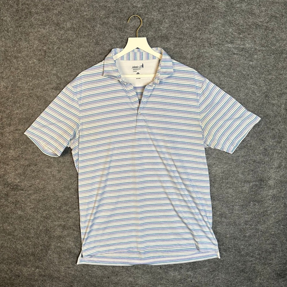 Johnnie-O Performance Mens Large Polo Shirt Blue Purple Striped UPF 50 Stretch
